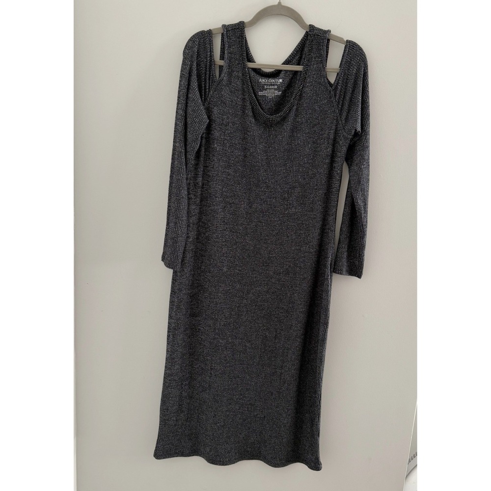 Juicy Couture Womens XL Gray Ribbed Cold Shoulder Beaded Neck Midi Dress